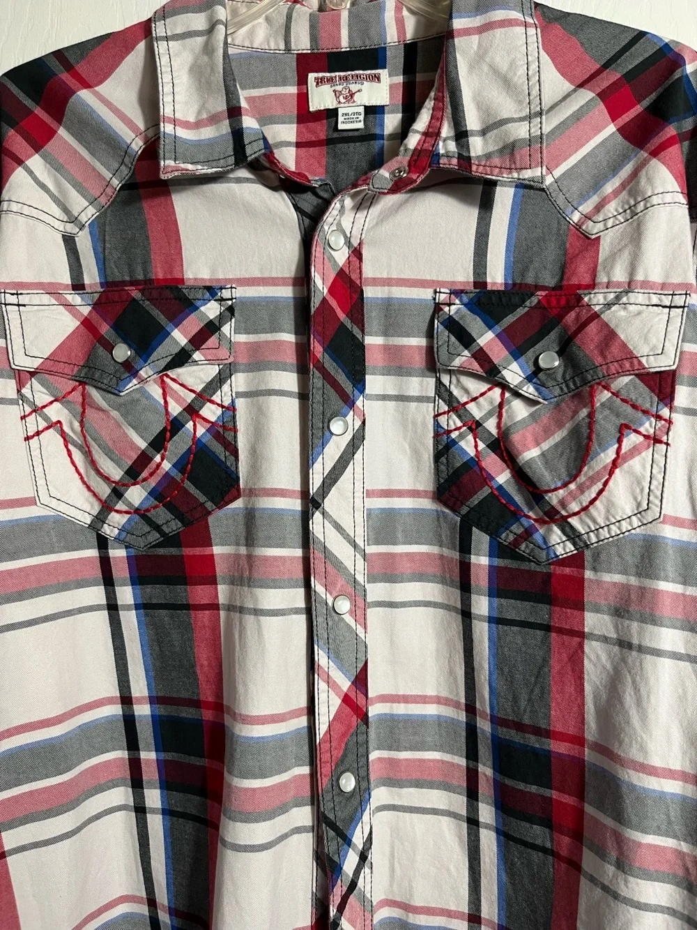 True Religion Red White Blue Plaid Men's Button-Up Shirt 2X